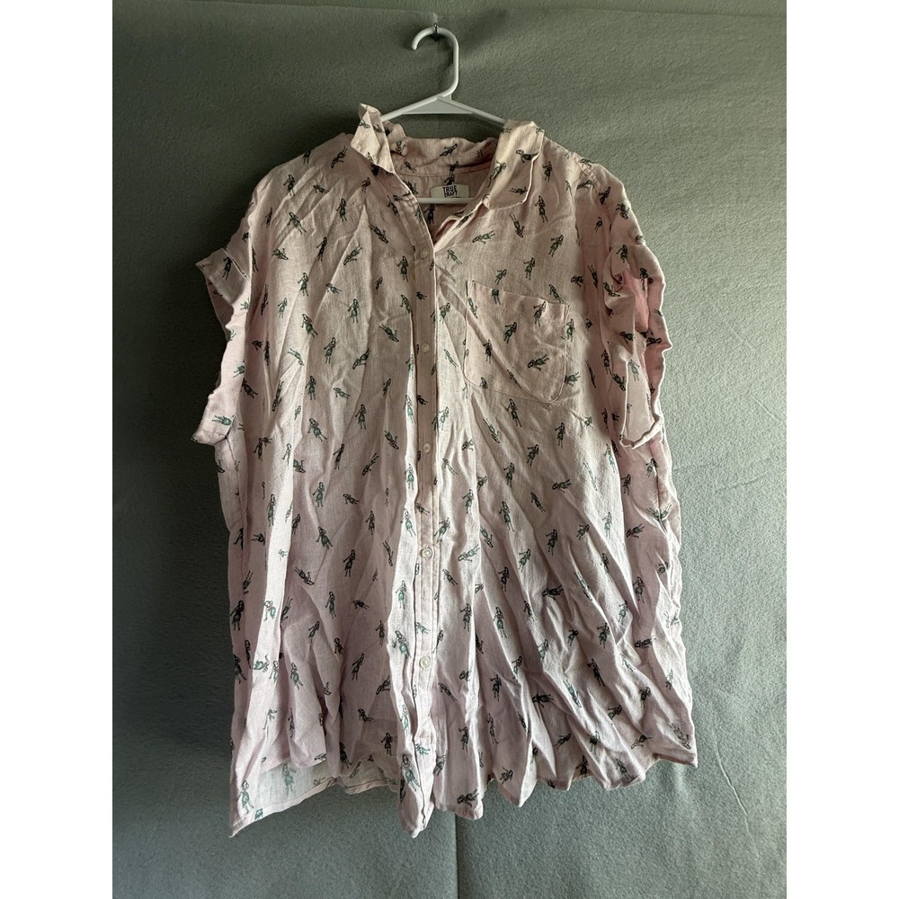 True Craft Shirt Womens 2X Pink Linen Blend Golf Print‎ Button Front Tunic Top